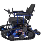 All-terrain wheelchair with a track system, blue frame, and a black seat, designed for rough surfaces and mobility challenges.