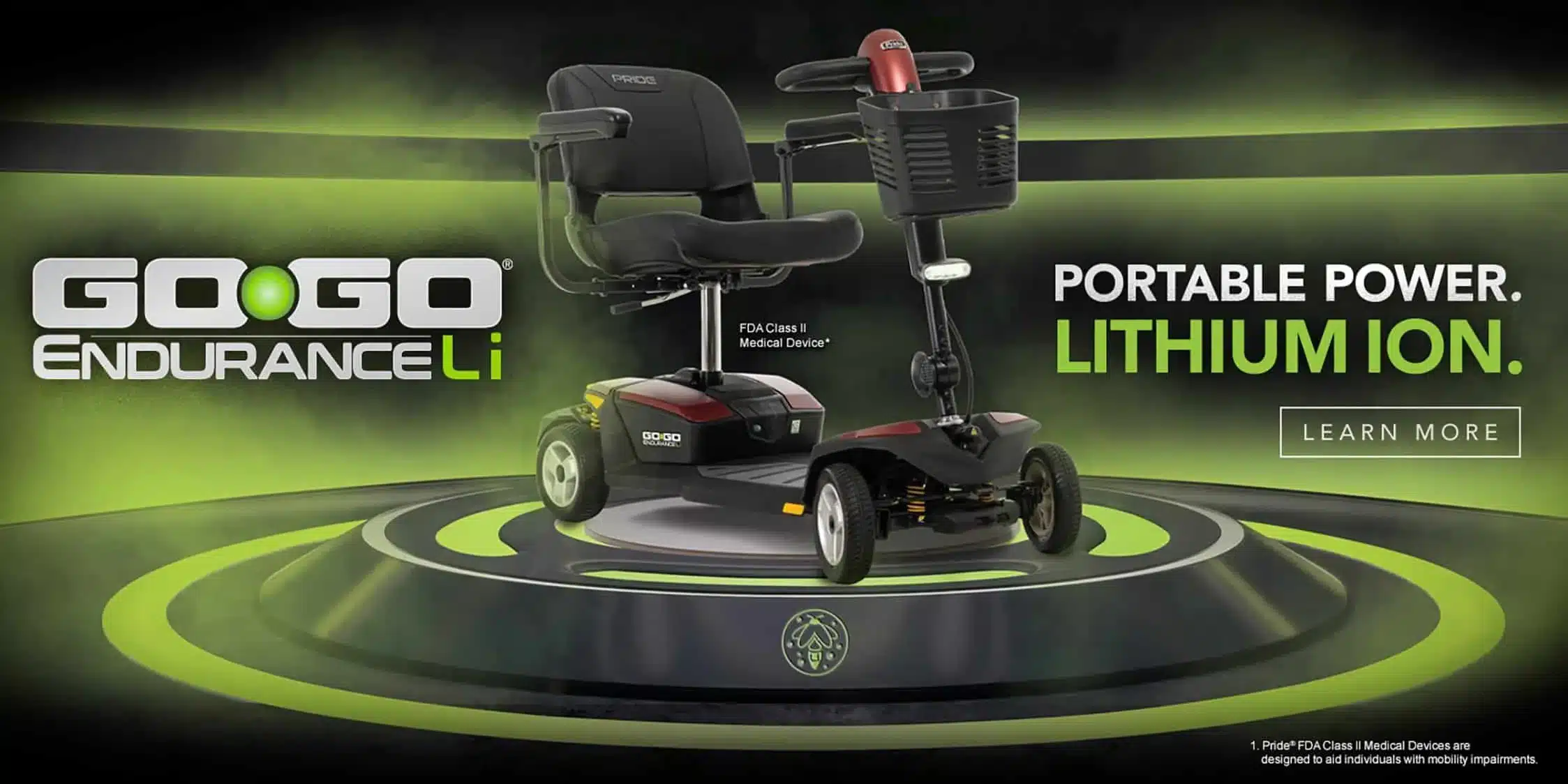 Go-Go Endurance Li mobility scooter, portable power and lithium-ion battery.