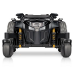 Powerful black off-road electric edge 3 wheelchair front view with yellow suspension shocks.