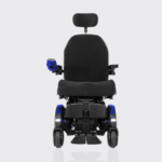 Modern Quantum Edge 4 electric power wheelchair with blue accents and headrest front view.