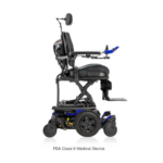 Advanced power wheelchair with elevating seat and joystick control.