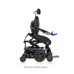 Side view of a blue Quantum Edge 4 Power wheelchair with adjustable seating.