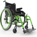 Lightweight helio A7 folding wheelchair with a neon green frame and black seating.